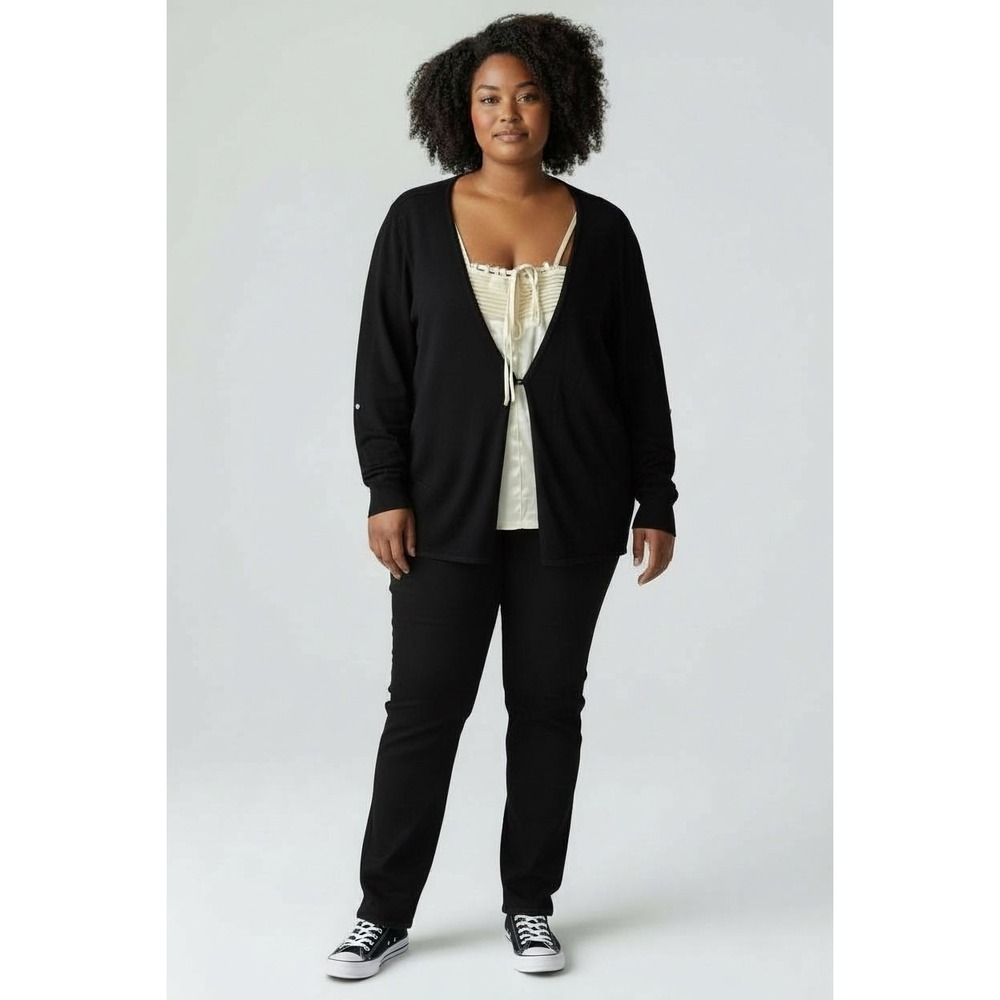 Lane Bryant Black Cardigan with Ivory Satin‎ Corset Detail Top Size 14/16 Office
